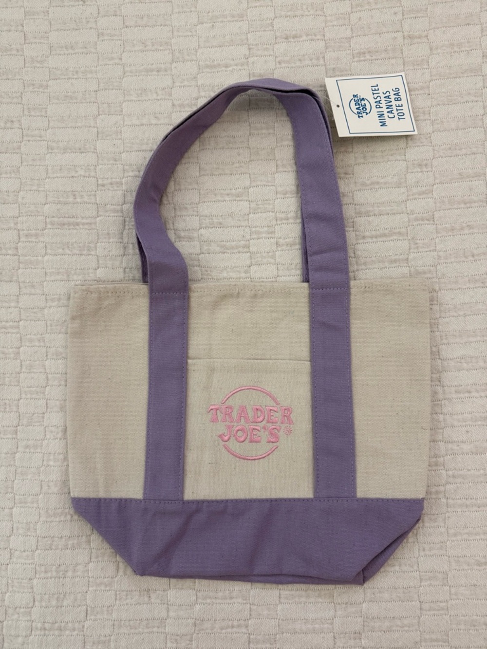 Trader Joe’s Mini Canvas Tote Bag - purple with pink lettering